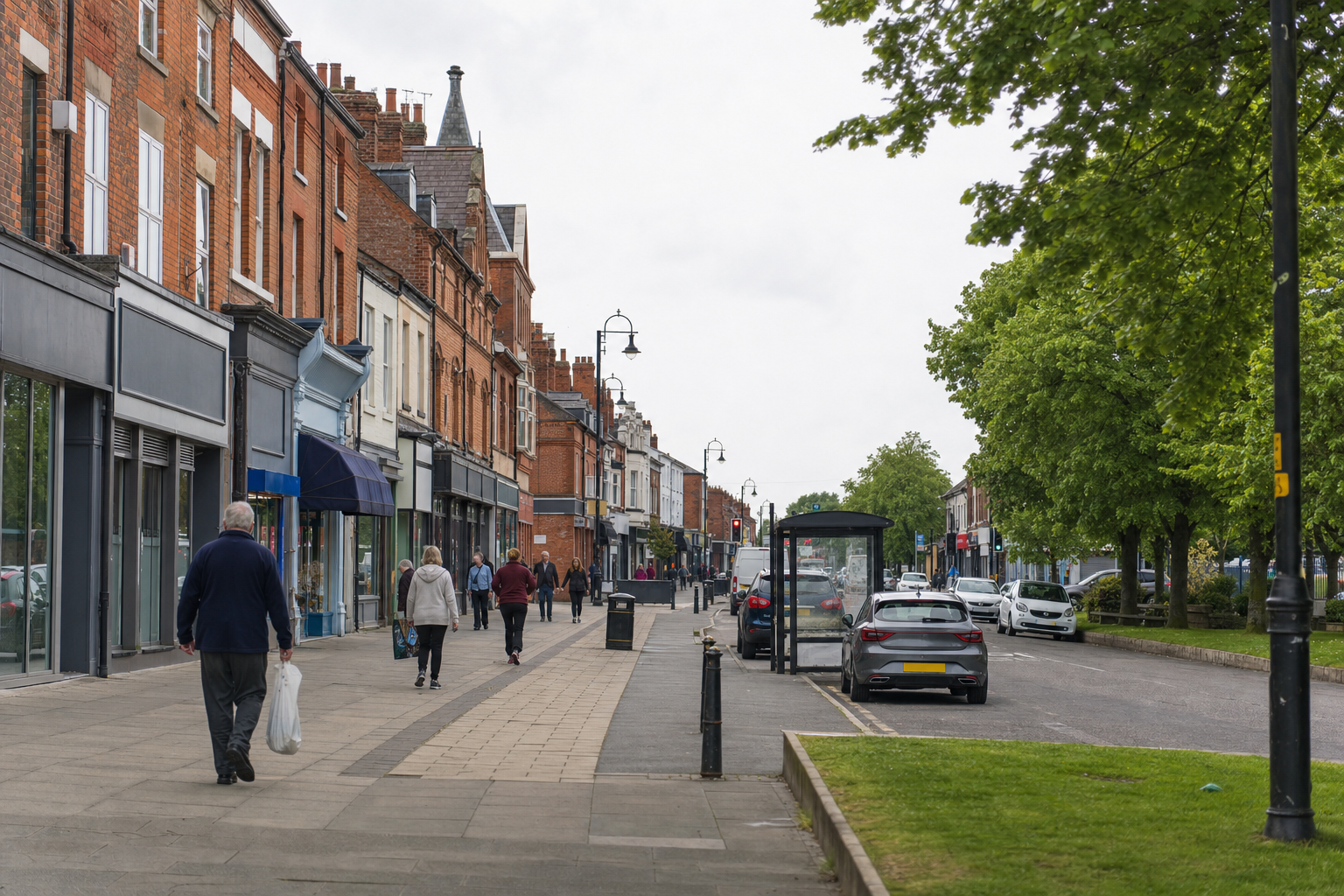 People walking along a high street lined with shops, with parked cars and trees on the side.
