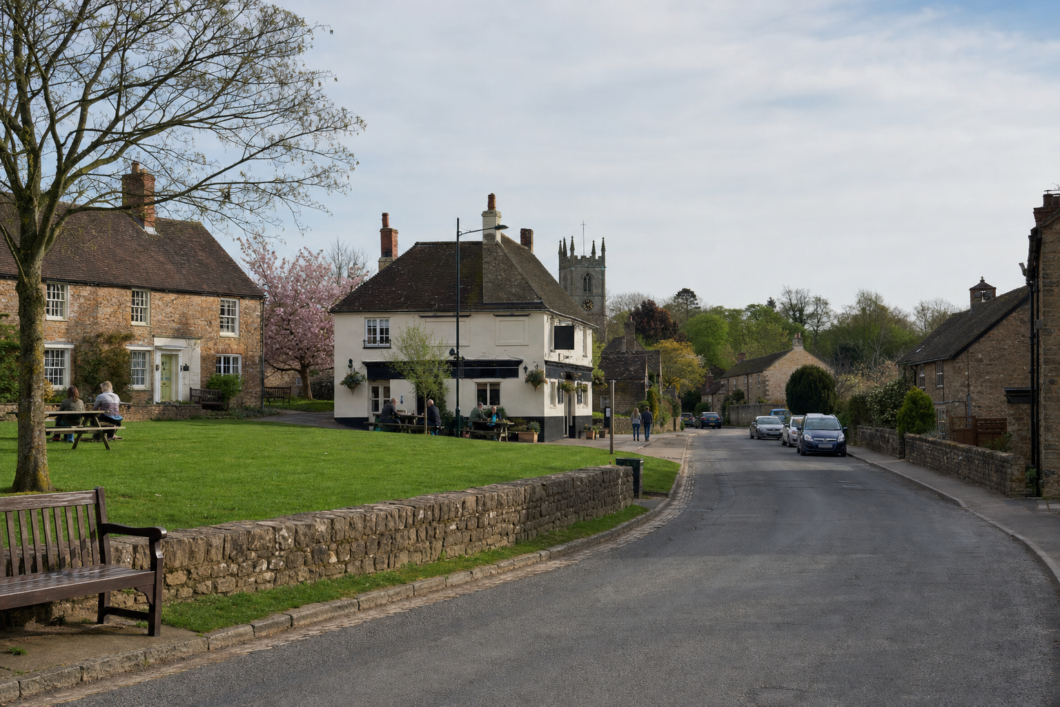 A scenic village street with a pub, green space, and people enjoying the outdoors, set against a backdrop of trees and a church.