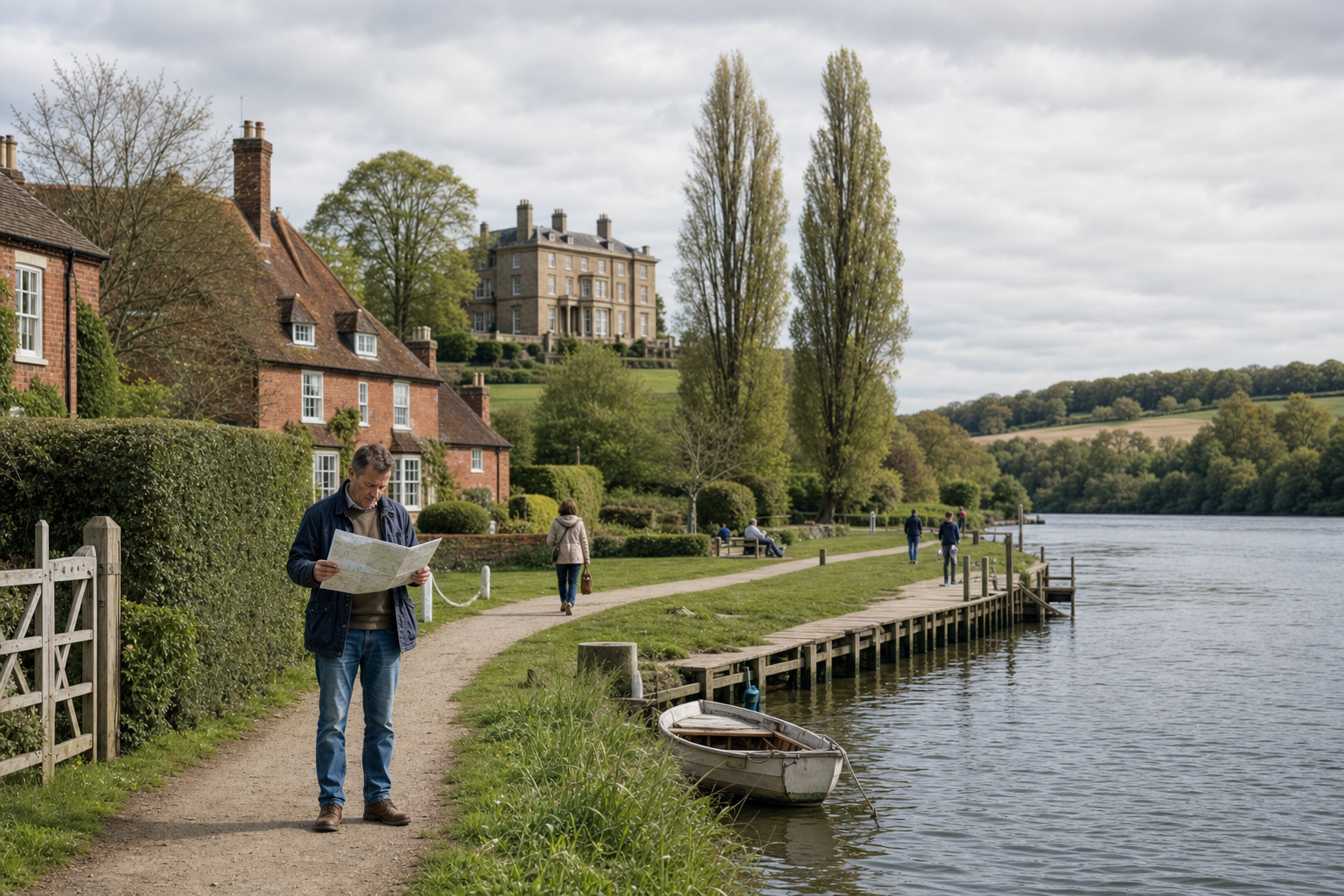 A man reading a map walks along a riverside path with countryside buildings and trees in the background.