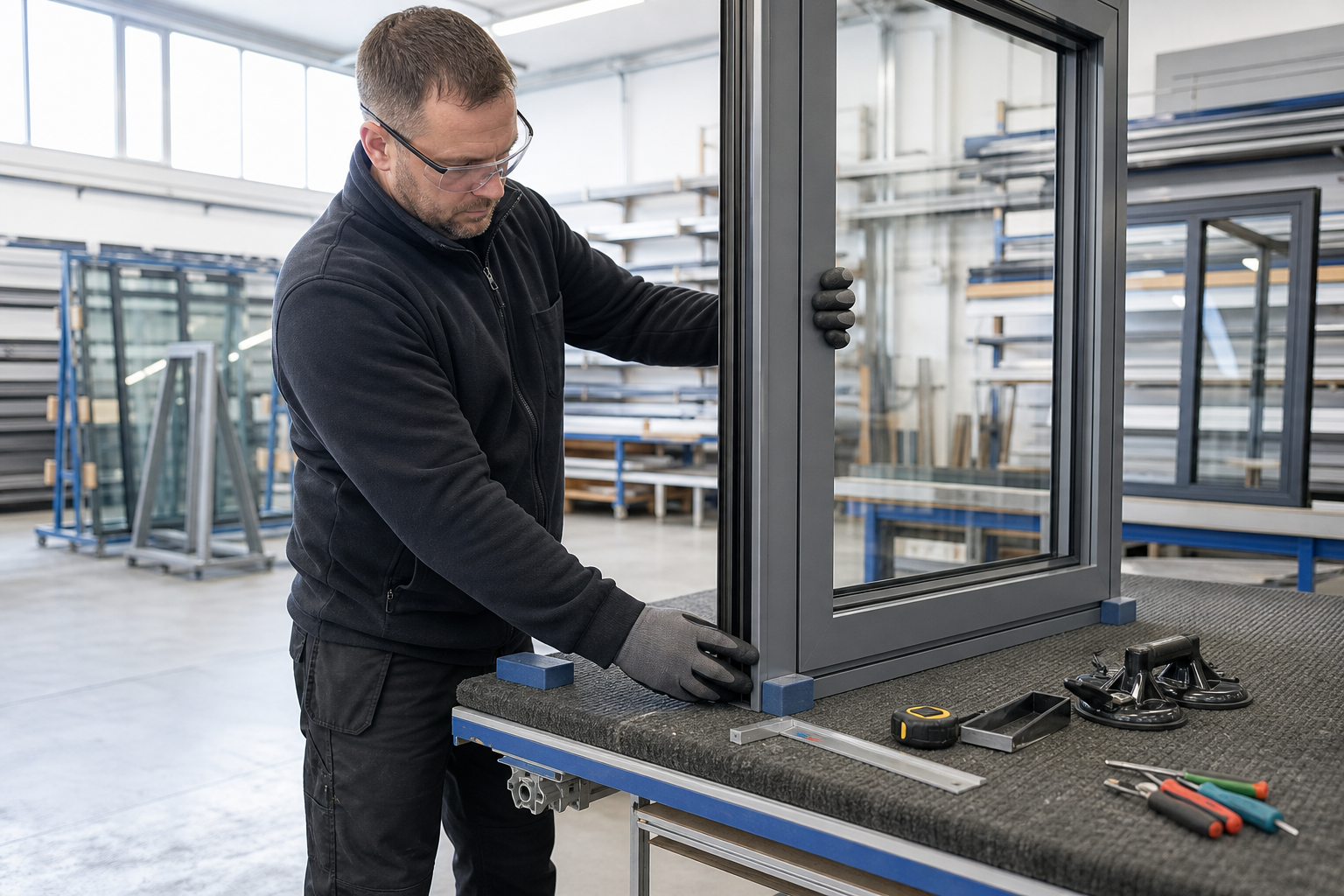 Worker assembling a window frame in a workshop.