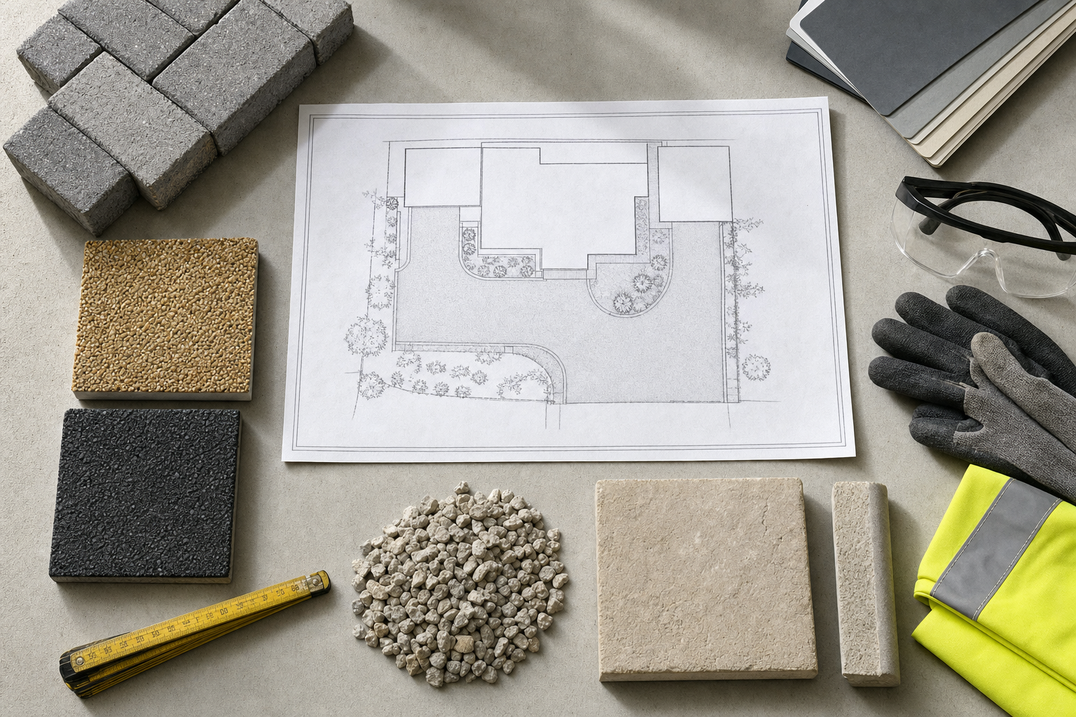 Landscape design plan surrounded by paving samples, a tape measure, safety goggles, gloves, and reflective clothing.