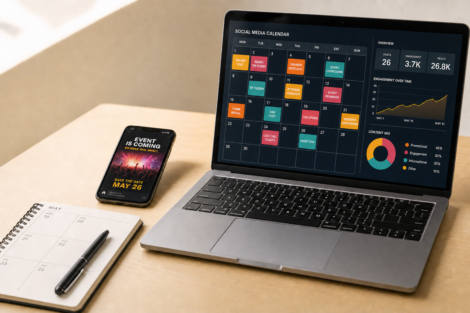 Open laptop displaying a social media calendar next to a smartphone announcing an event on 26 May and a planner with a pen.