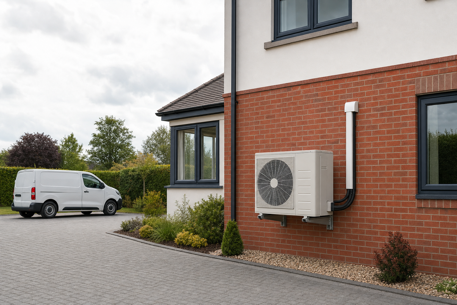 An air source heat pump installed on the exterior wall of a modern house, with a white van parked nearby.