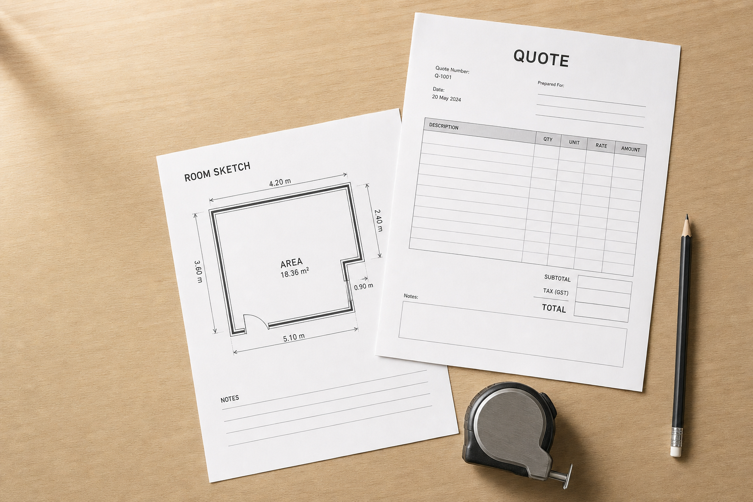 Room sketch and blank quotation form on a wooden surface with a pencil and tape measure.