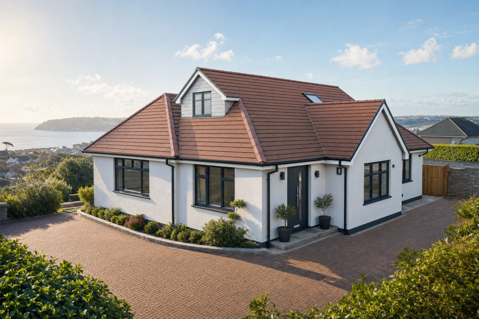Bungalow with a red-tiled roof overlooking a coastal view, surrounded by greenery and paved driveway.