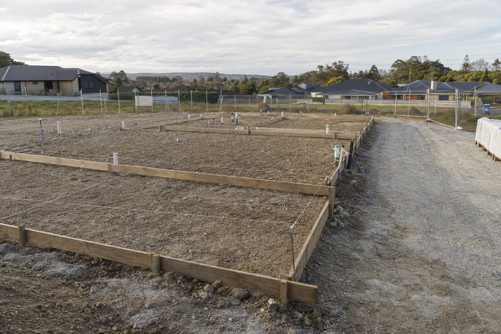 A cleared and framed construction site with visible plumbing, surrounded by a wire fence and suburban houses in the