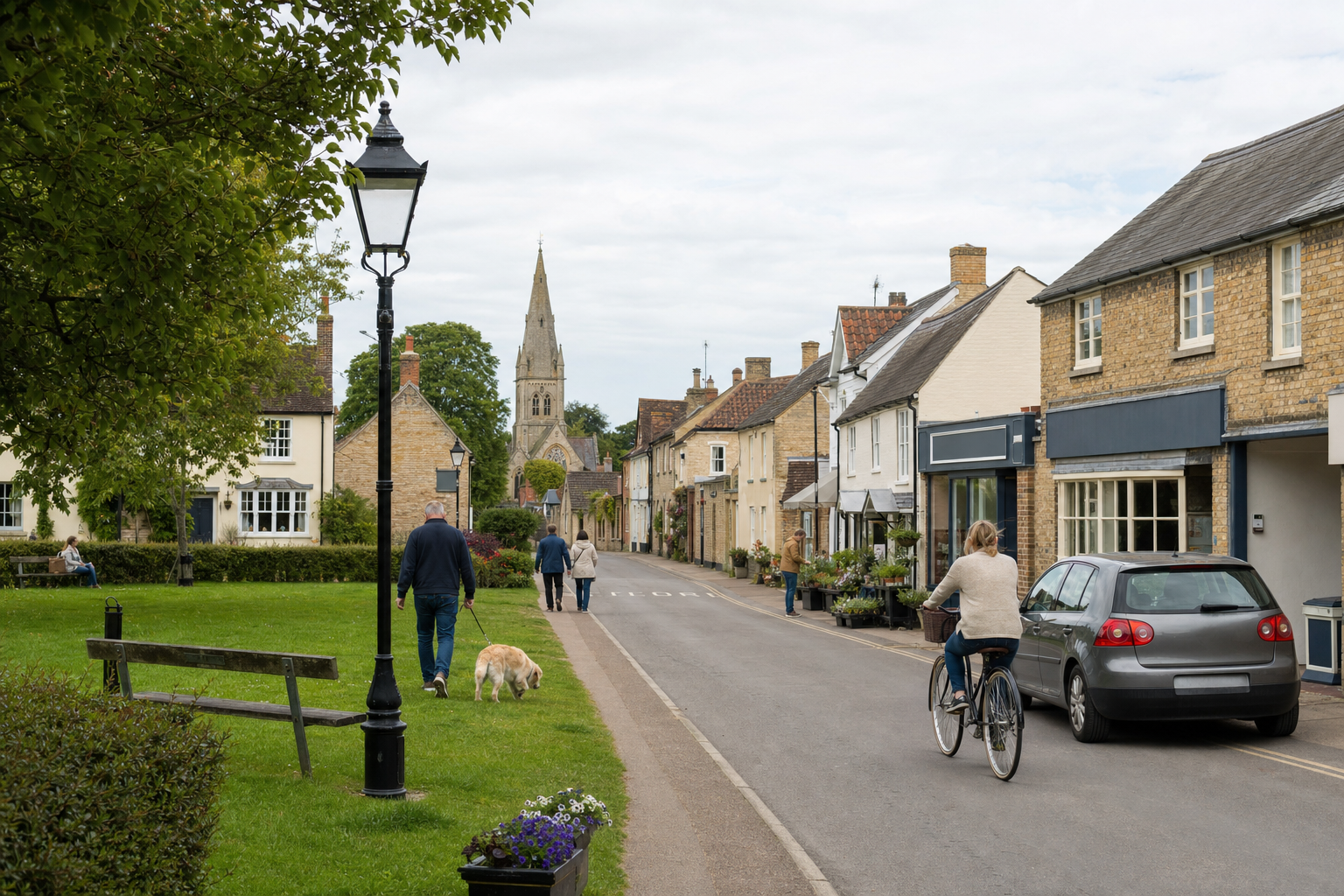 A person cycles through a quaint English village street with stone houses, a church, and people walking nearby.