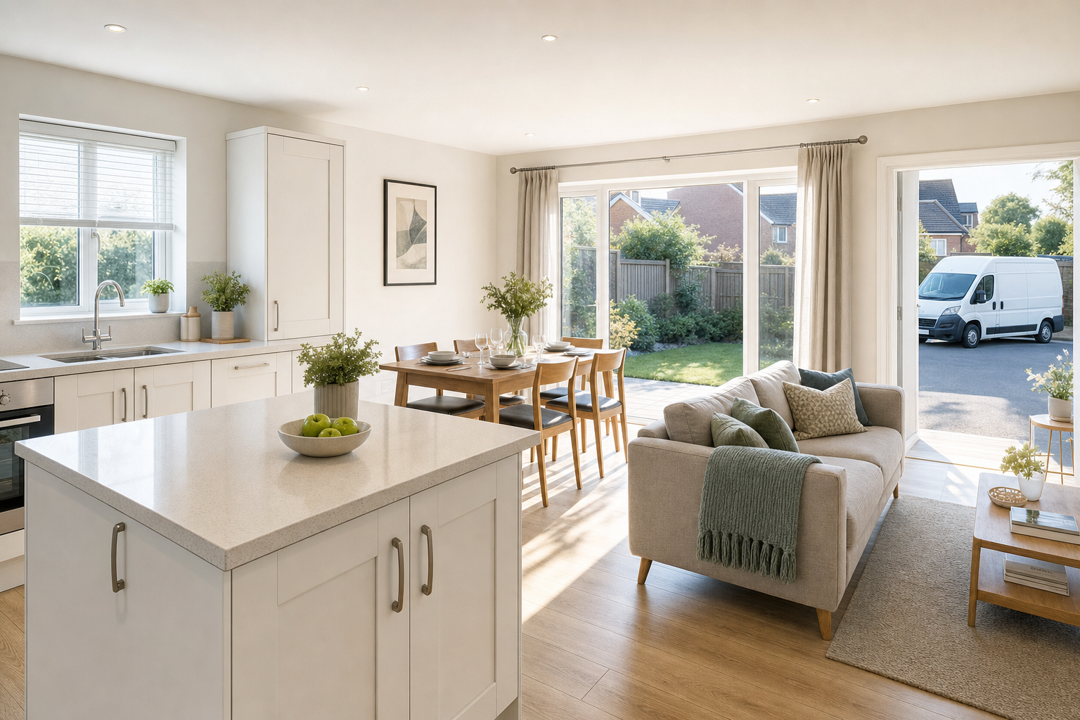 Bright open-plan kitchen and living area with a dining table, sofa, and a view of a garden through large glass doors.