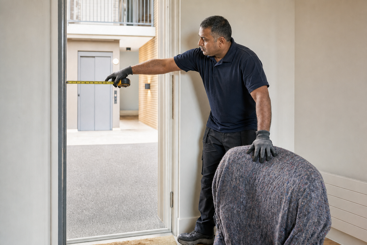 A man in gloves measures a doorway with a tape measure in an unfinished room.