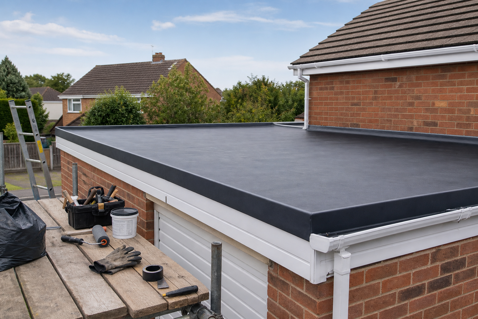 Newly installed flat garage roof with tools and ladder on scaffolding.