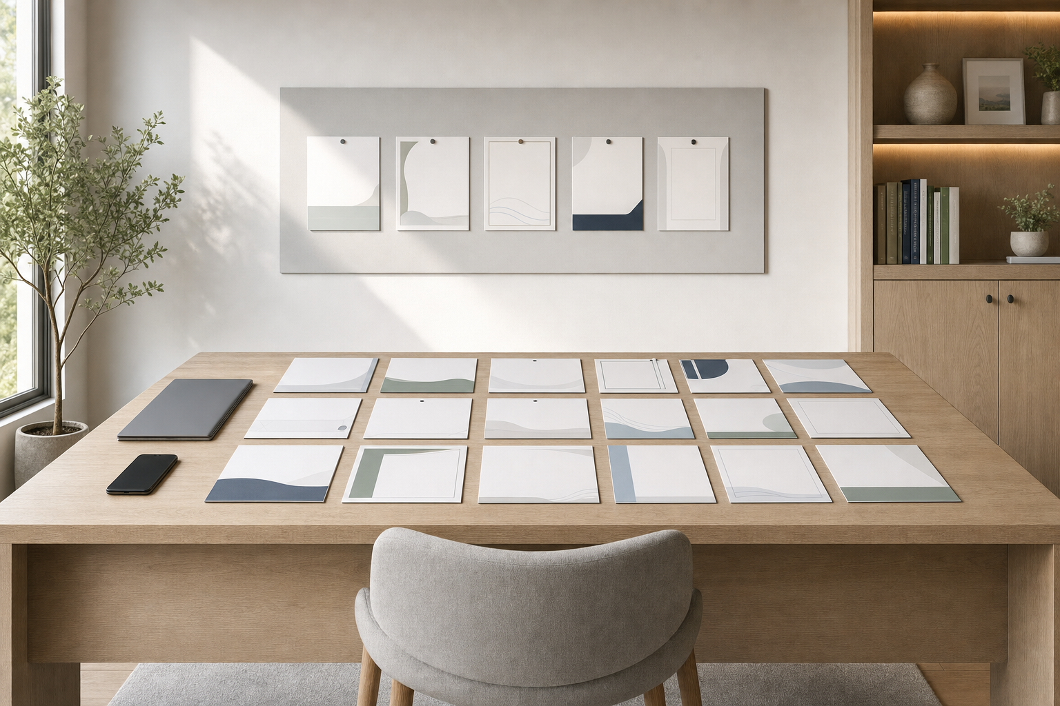 Modern workspace with a large wooden table displaying art prints, a laptop, and a smartphone, illuminated by natural light.