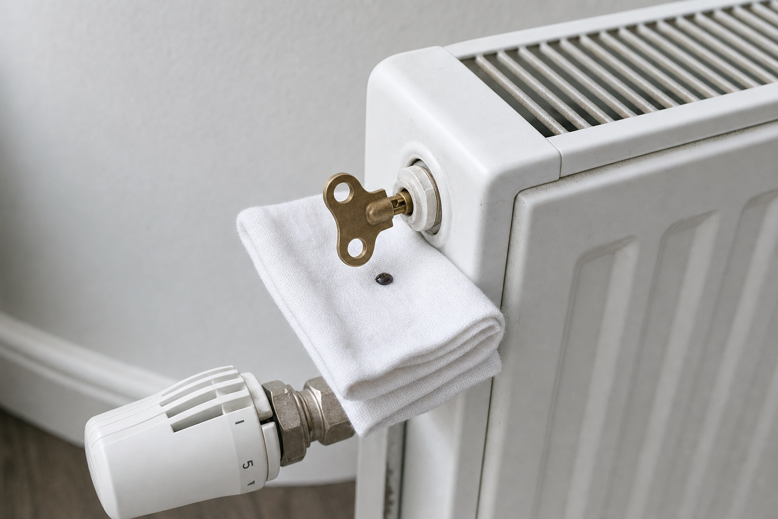 A radiator with a bleed key inserted, a cloth beneath to catch water droplets.
