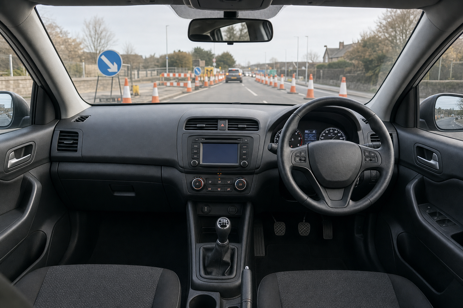 Interior view of a right-hand drive car facing a road with traffic cones and directional signs.
