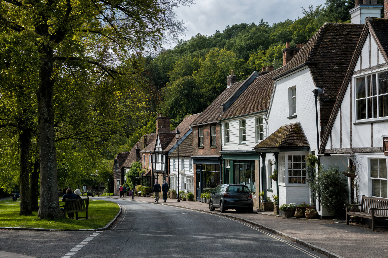 Quaint English village street with people walking and traditional houses lined by trees.