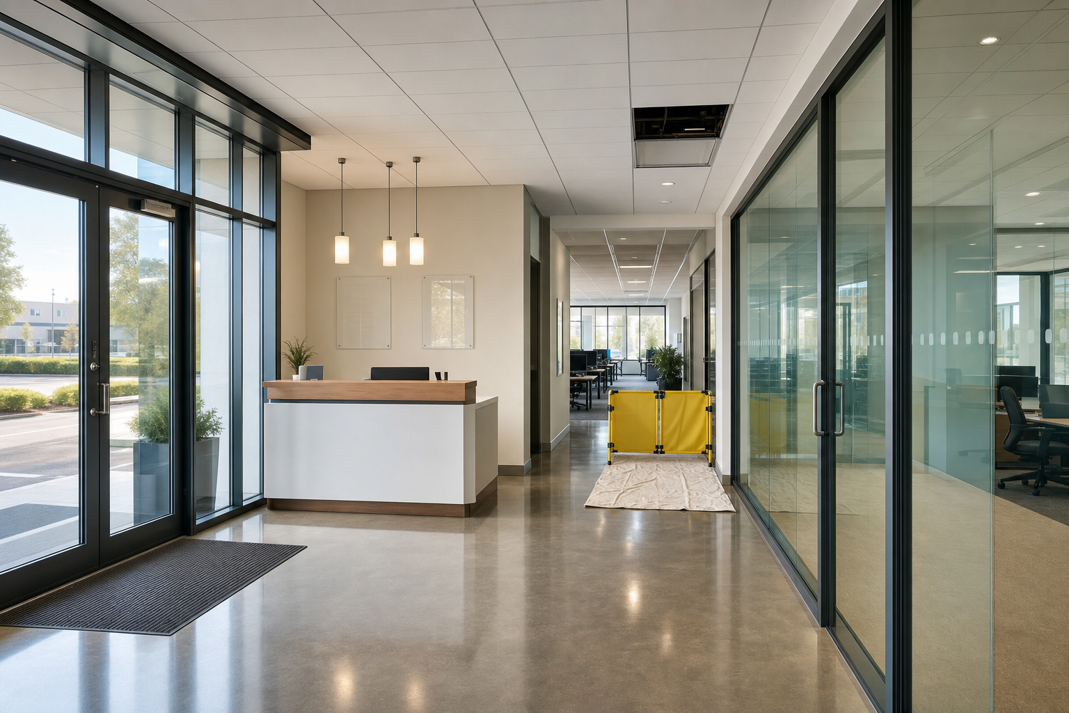 Modern office reception area with a desk, glass doors, and a yellow caution barrier in the hallway.