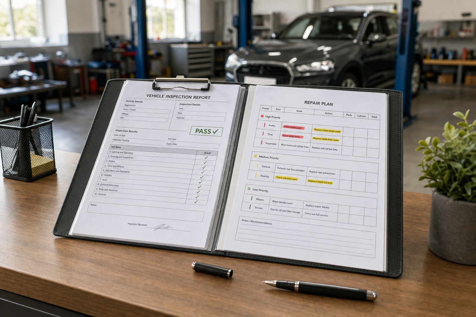 Car inspection report with a "Pass" status and detailed repair plan on a garage desk.