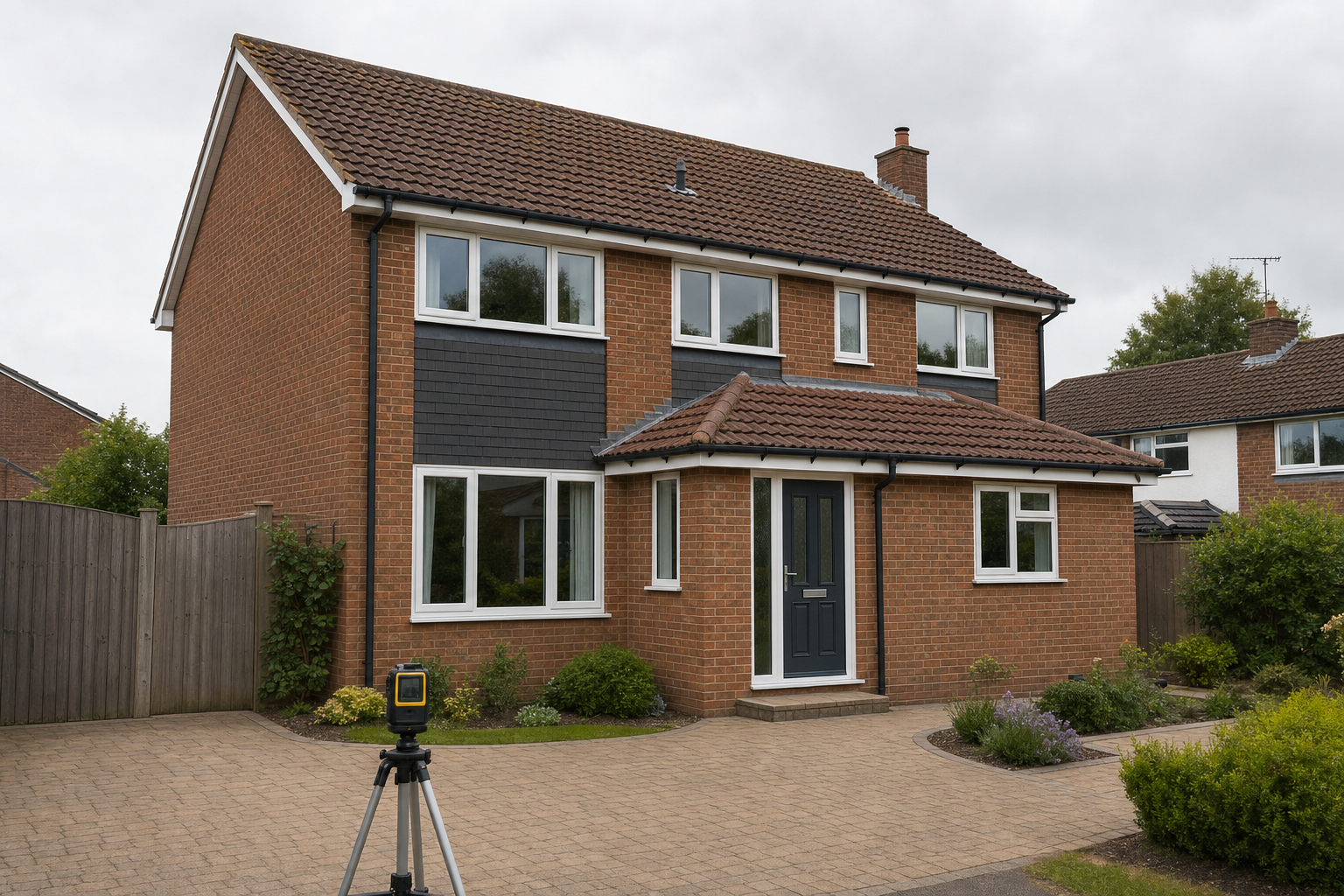 A brick two-storey house with a tiled roof, viewed from the driveway with a tripod-mounted device in front.
