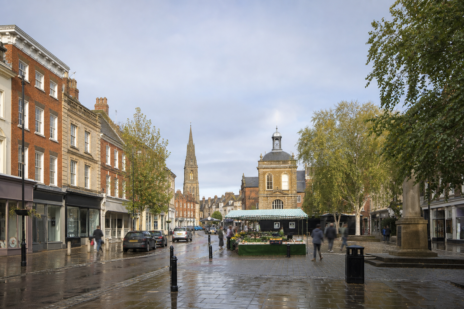 A market stall and historic buildings line a wet cobblestone street under a cloudy sky.