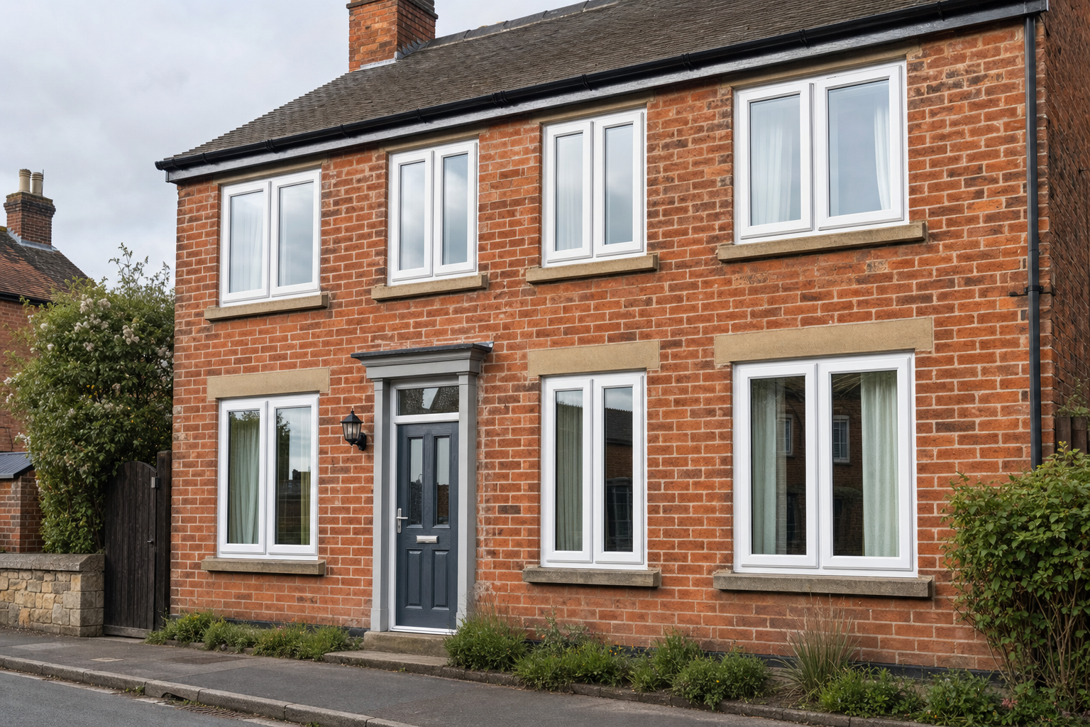Two-storey red brick house with white-framed windows and a blue front door, set along a quiet street.