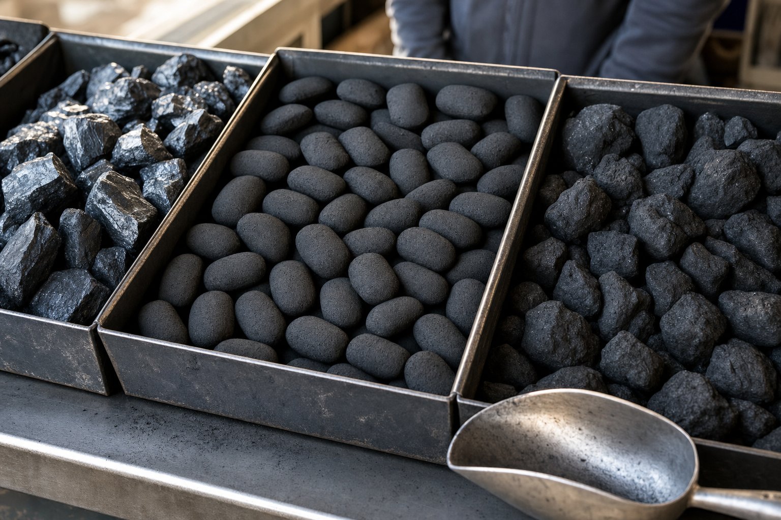 Three trays showcasing different types of coal or fuel briquettes with a metal scoop nearby.