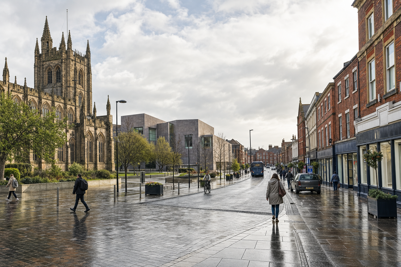 A wet pedestrian street with a historic church on one side and modern buildings on the other under a cloudy sky.