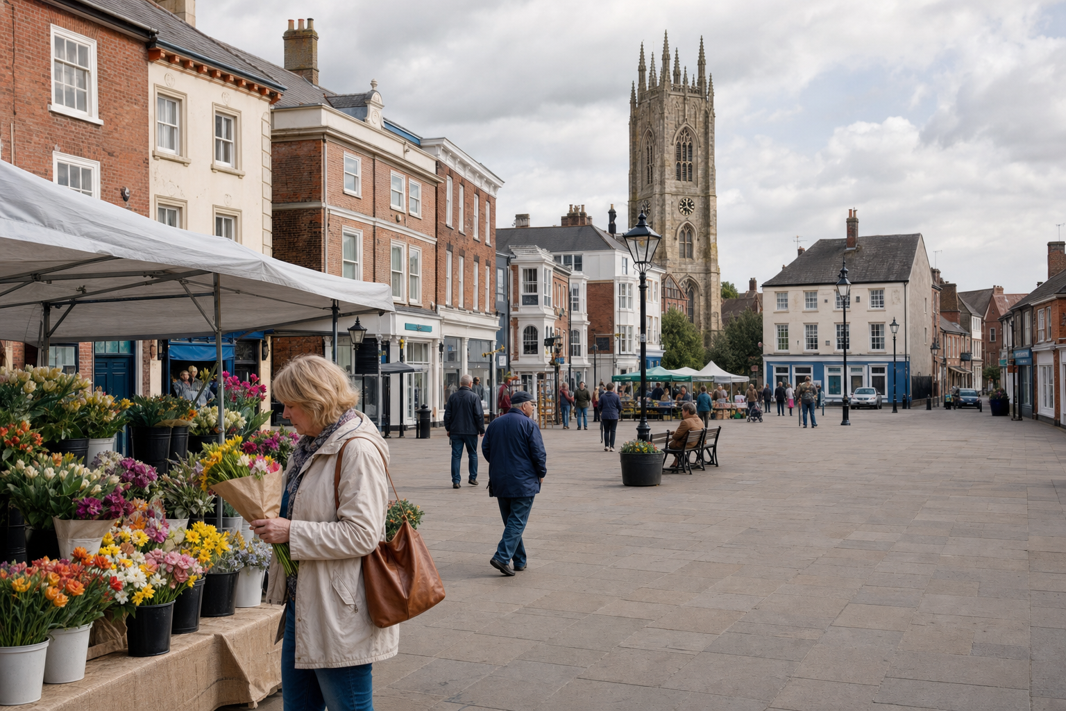 A woman browses a flower stall in a bustling town square with a church tower in the background.