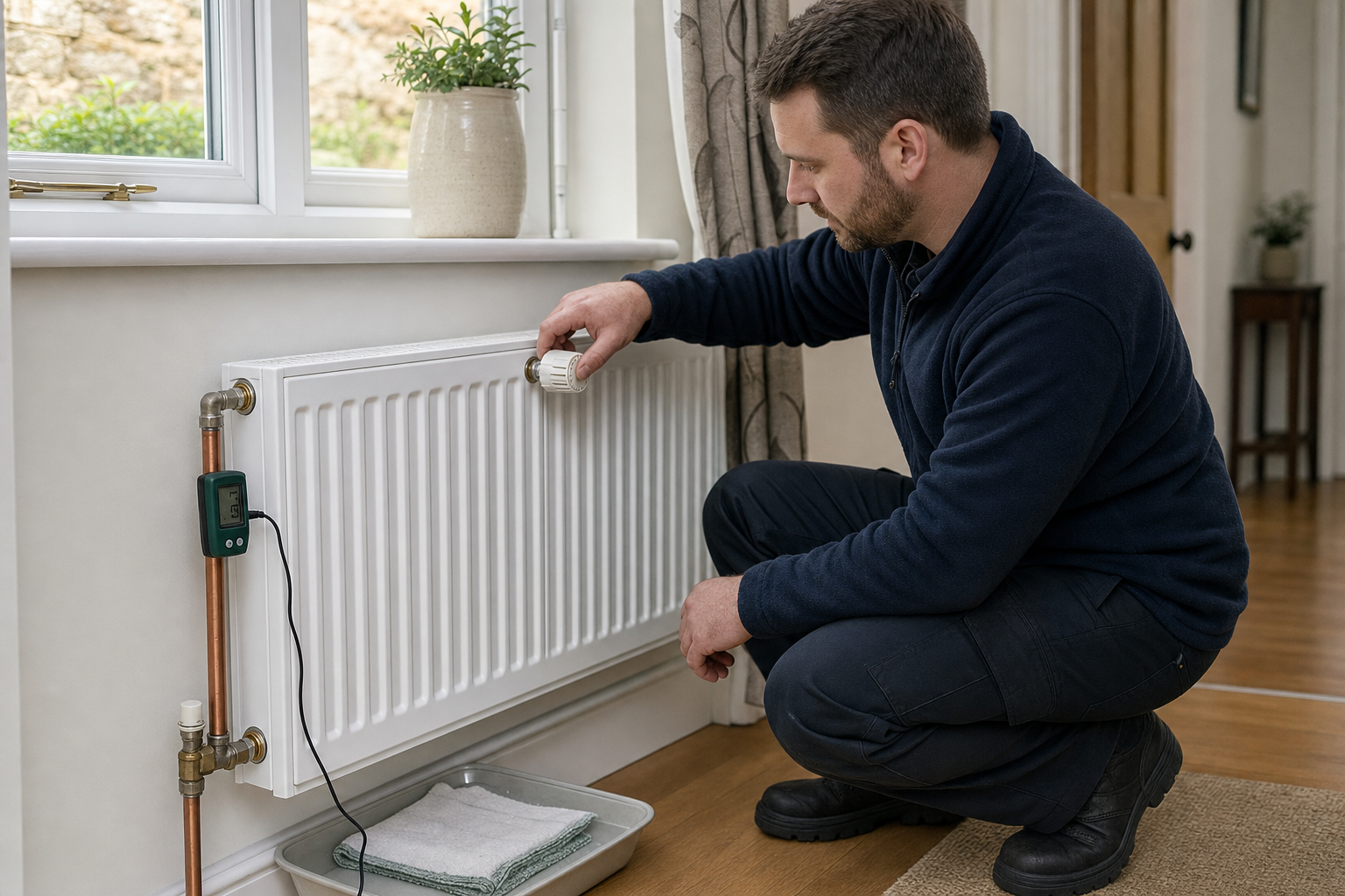 Man adjusting a radiator thermostat in a bright room with a digital thermometer attached.