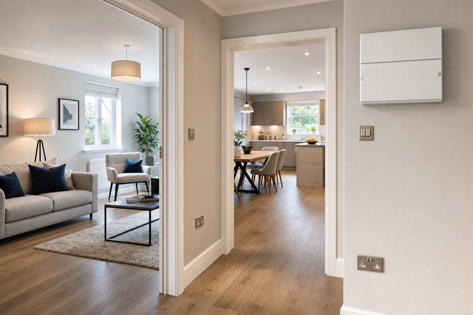 Modern open-plan living room and kitchen with neutral decor, wood flooring, and natural light.