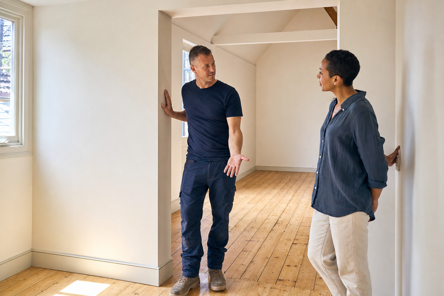 Two people discussing plans in a bright, empty room with wooden flooring.