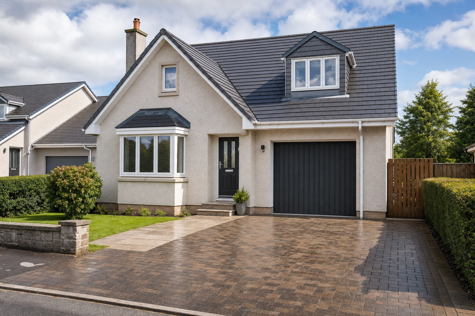 Modern detached house with a grey roof, large driveway, and bay window, set against a partly cloudy sky.