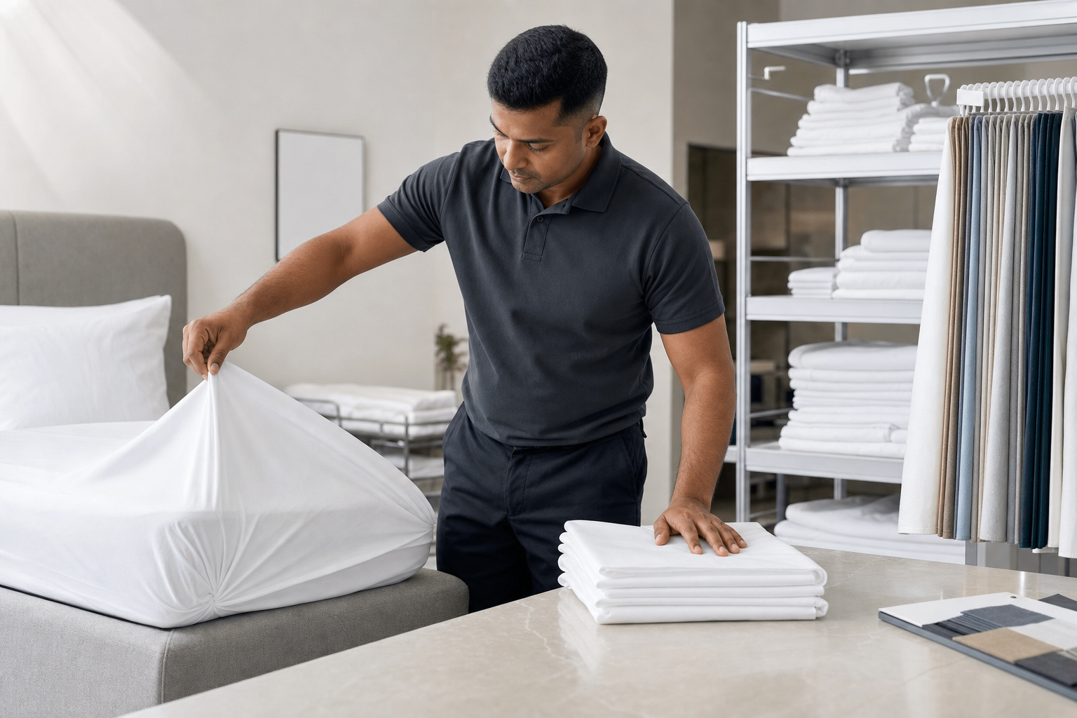 Man in a black polo shirt making a bed with white sheets in a linen store.
