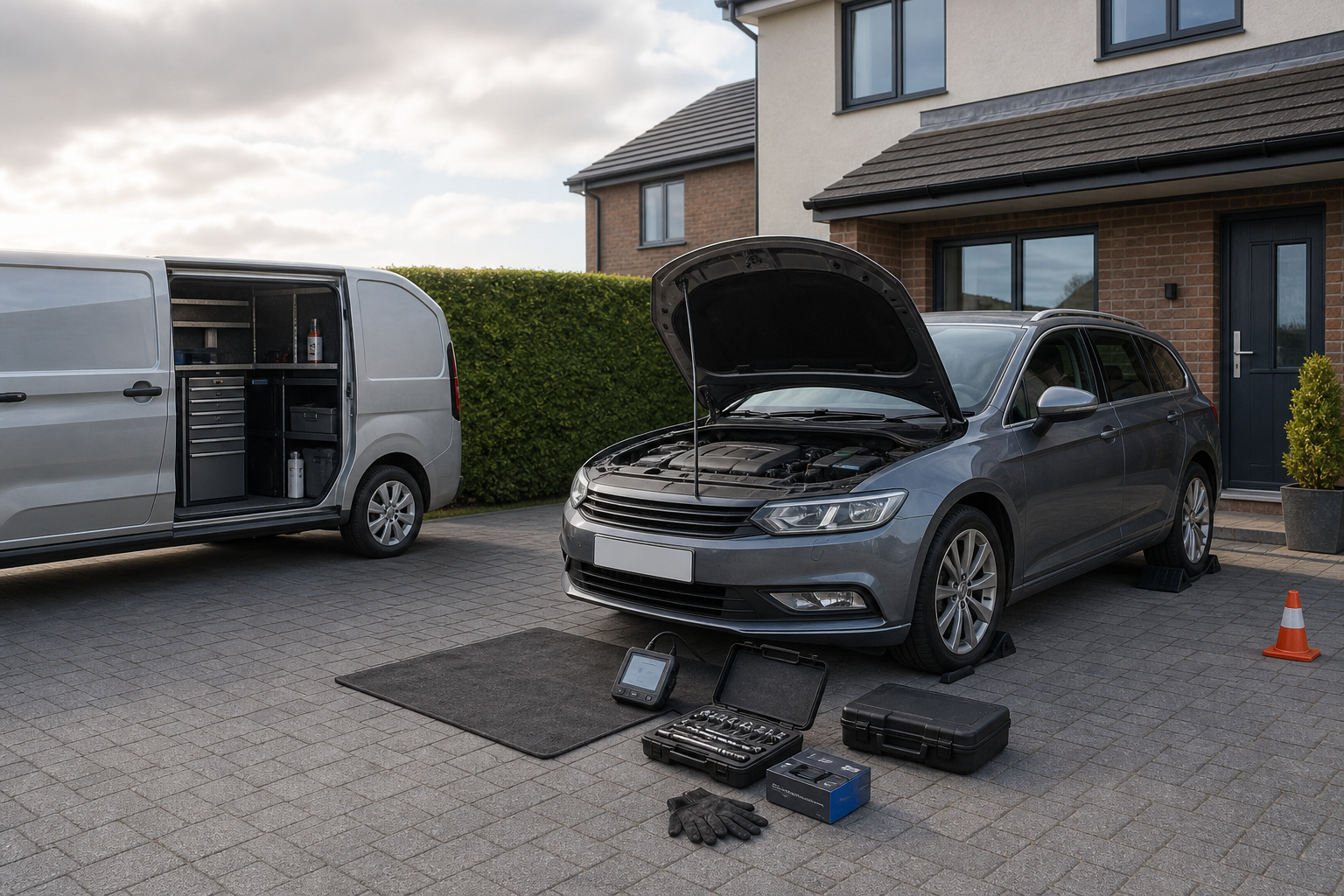Car undergoing maintenance in a driveway with tools and open van nearby.