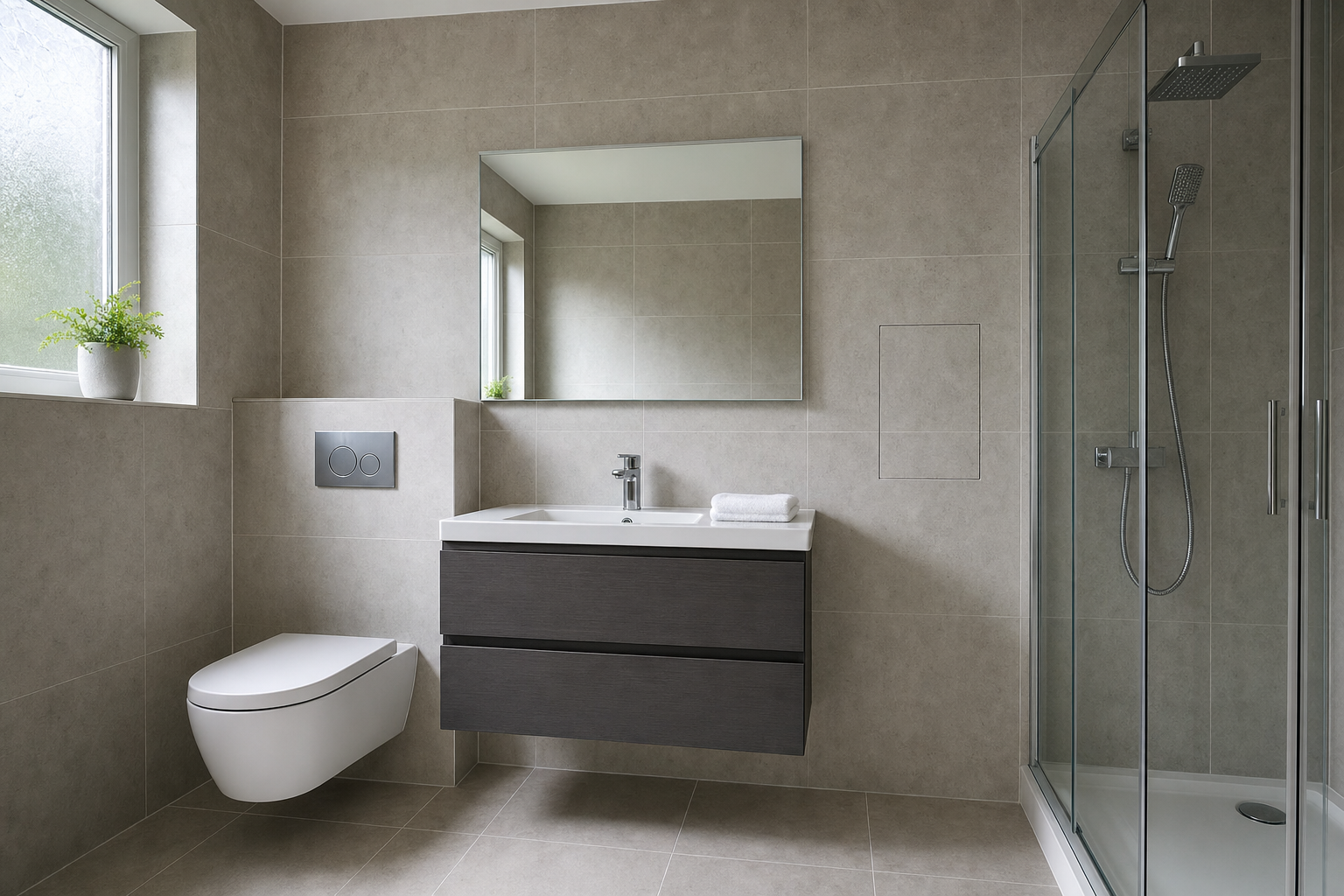 Modern bathroom featuring a glass shower, floating vanity, wall-mounted toilet, and potted plant on the windowsill.
