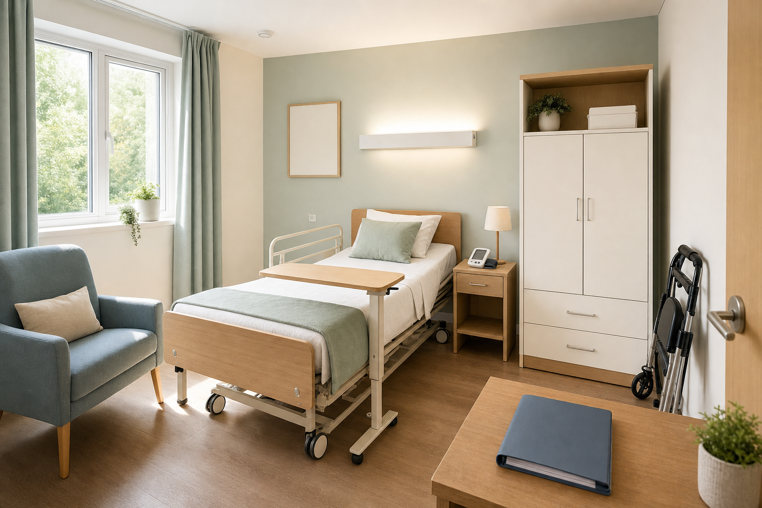 A hospital room with a single bed, bedside cabinet, armchair, and a walking aid next to a wardrobe.