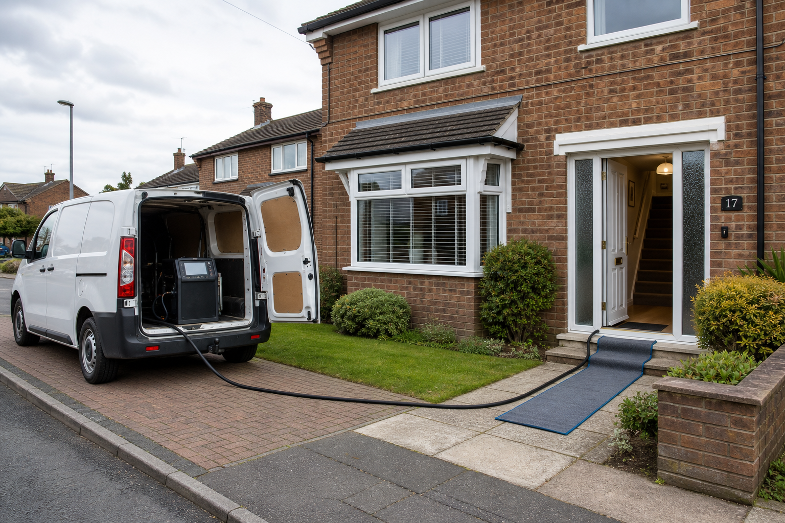 White van parked outside a house with cables running through the open front door.