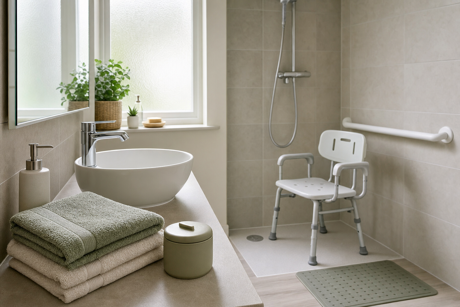 Modern accessible bathroom with a shower chair, grab bar, and neatly arranged towels on the counter.