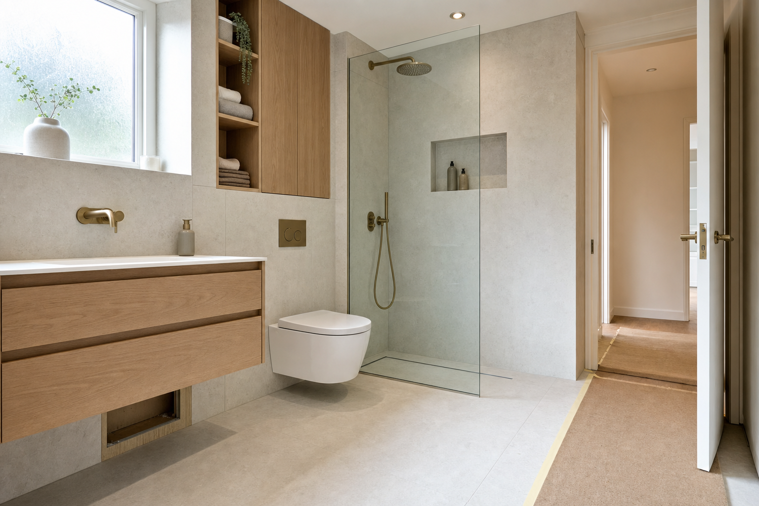 Modern bathroom with a glass shower, wall-mounted toilet, and wooden cabinetry for a sleek, minimalist design.