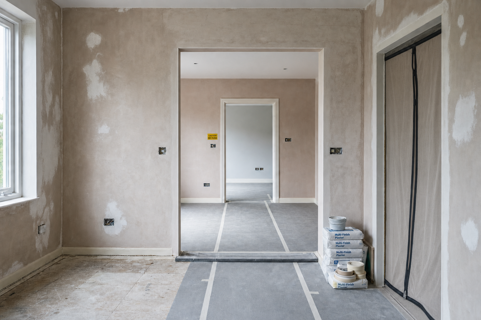 A newly plastered and partially decorated room with supplies stacked near a sealed doorway.