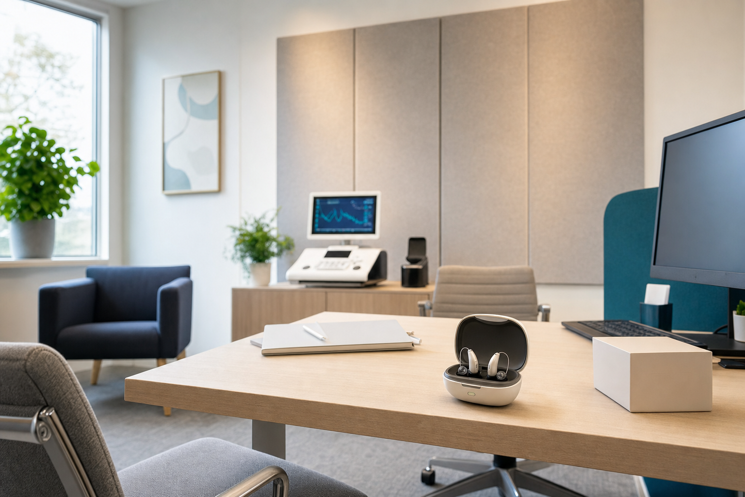 A modern office with a hearing aid device in an open case on the desk, surrounded by computers and minimalist décor.
