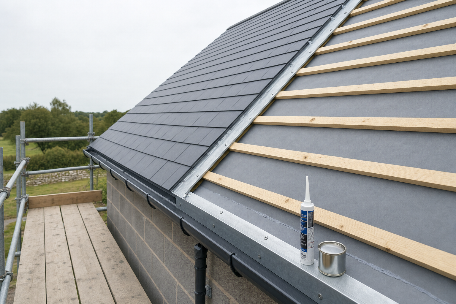 Partly constructed slate roof with scaffolding, featuring sealant and a can on the ledge, under an overcast sky.