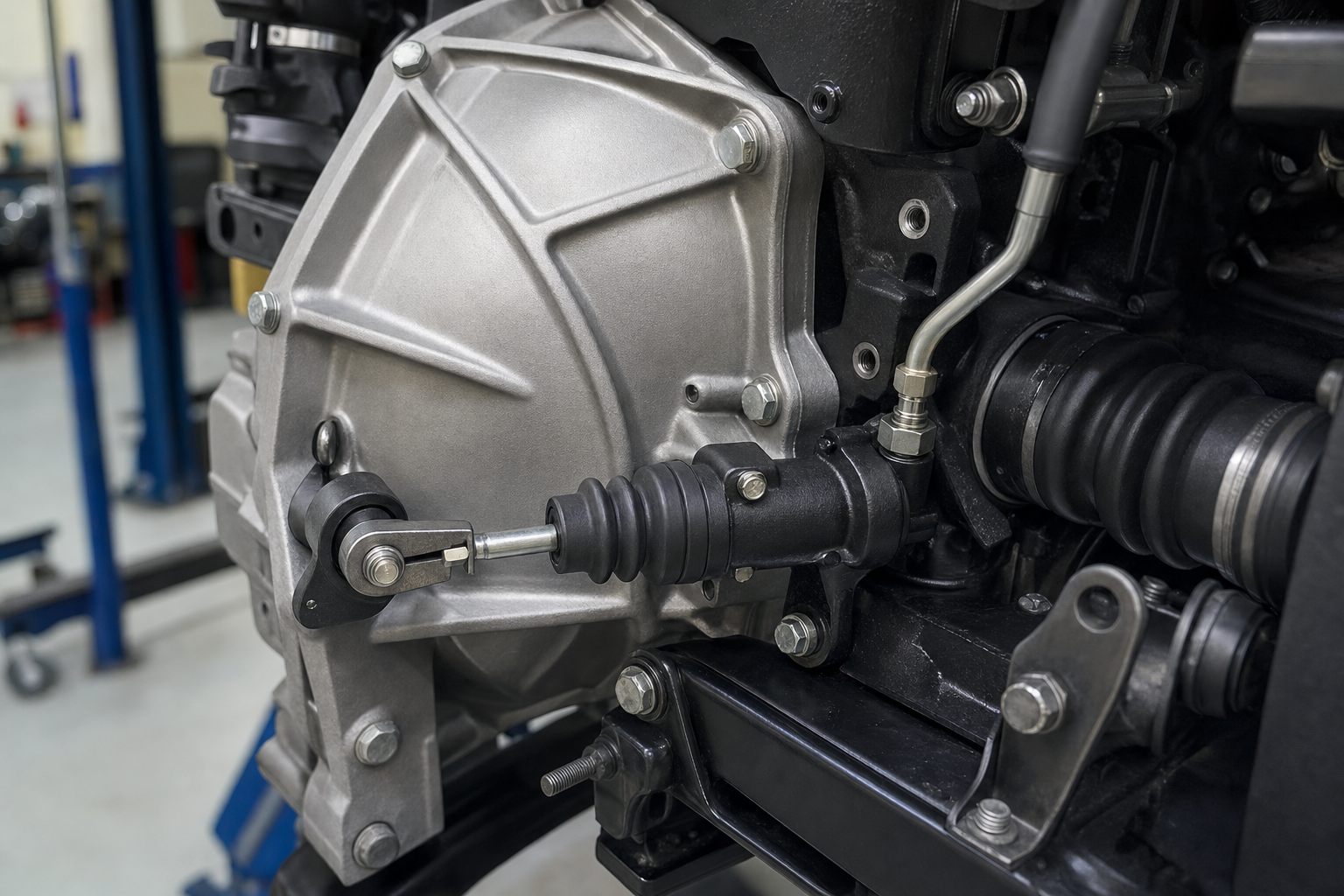 Close-up of a metallic car gearbox in a workshop setting.