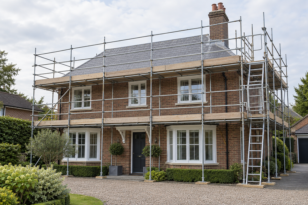 A two-storey red-brick house surrounded by scaffolding, indicating ongoing renovation or construction work.