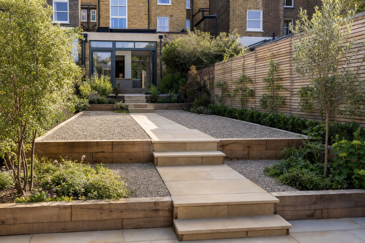 Modern garden with tiered stone pathway leading to a glass extension of a brick house, surrounded by plants and trees.