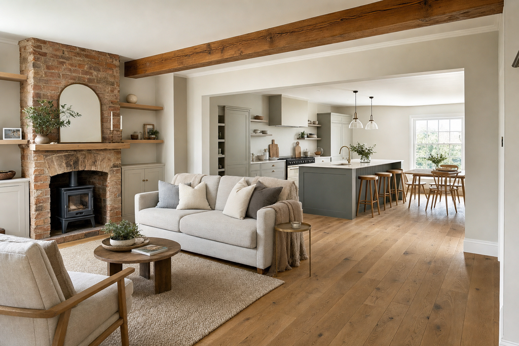 Open-plan living room and kitchen with brick fireplace, modern furniture, and wooden flooring.