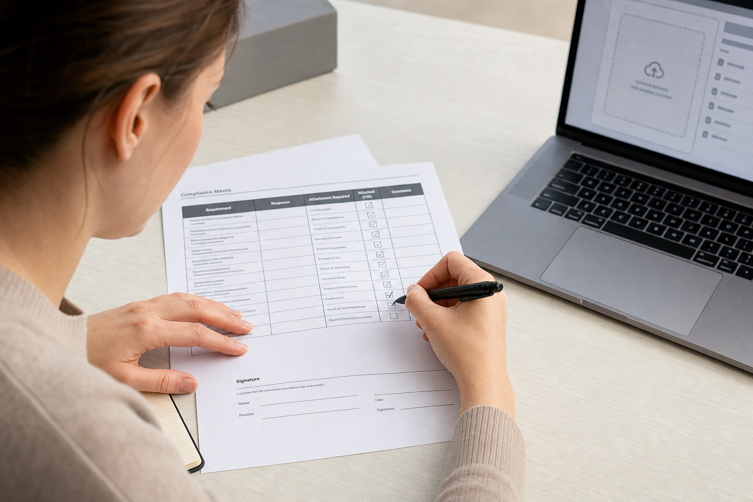A person fills out a compliance matrix checklist at a desk with a laptop.