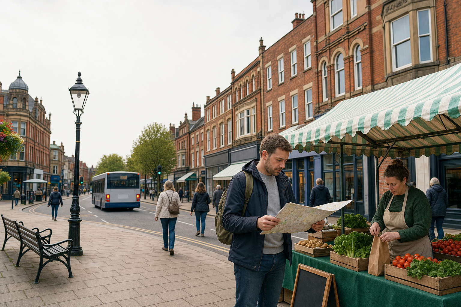 Man examining a map near a market stall with fresh produce on a bustling pedestrian street.