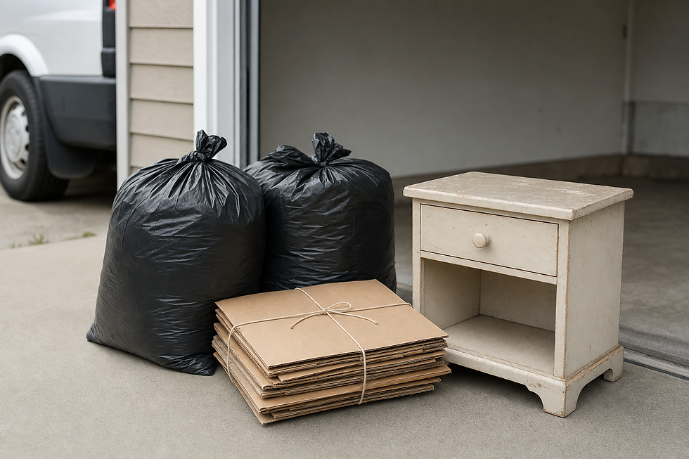 Two black bin bags, stacked cardboard, and a small wooden nightstand on a driveway near a garage.
