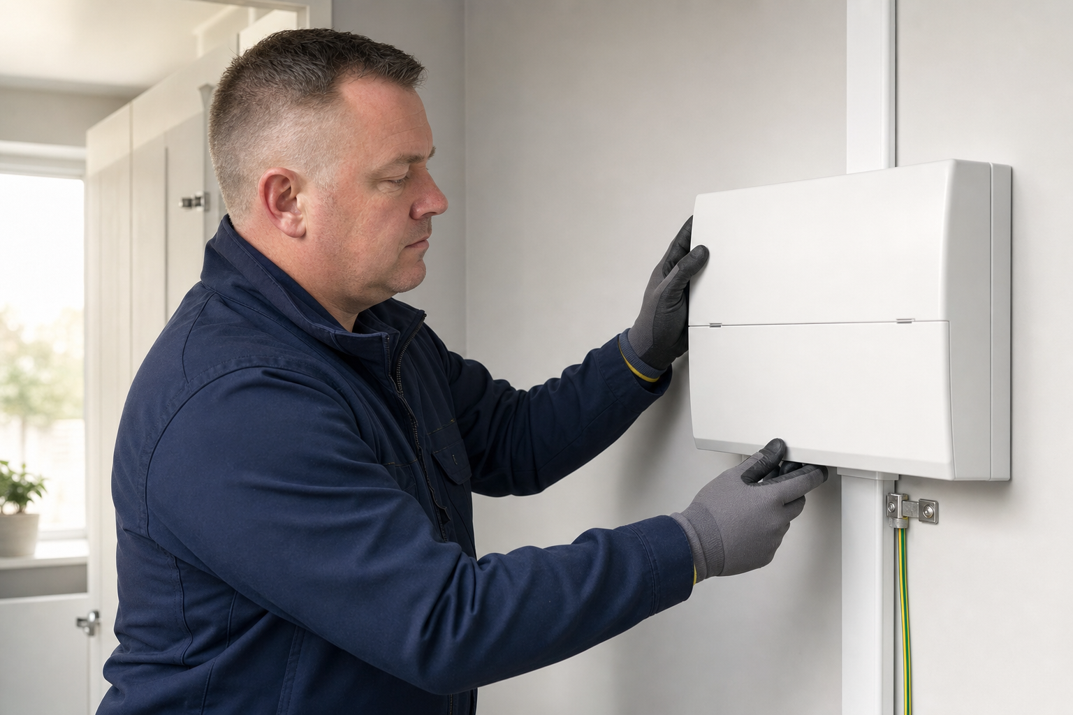 Man in a blue jacket and gloves inspecting a wall-mounted electrical panel indoors.