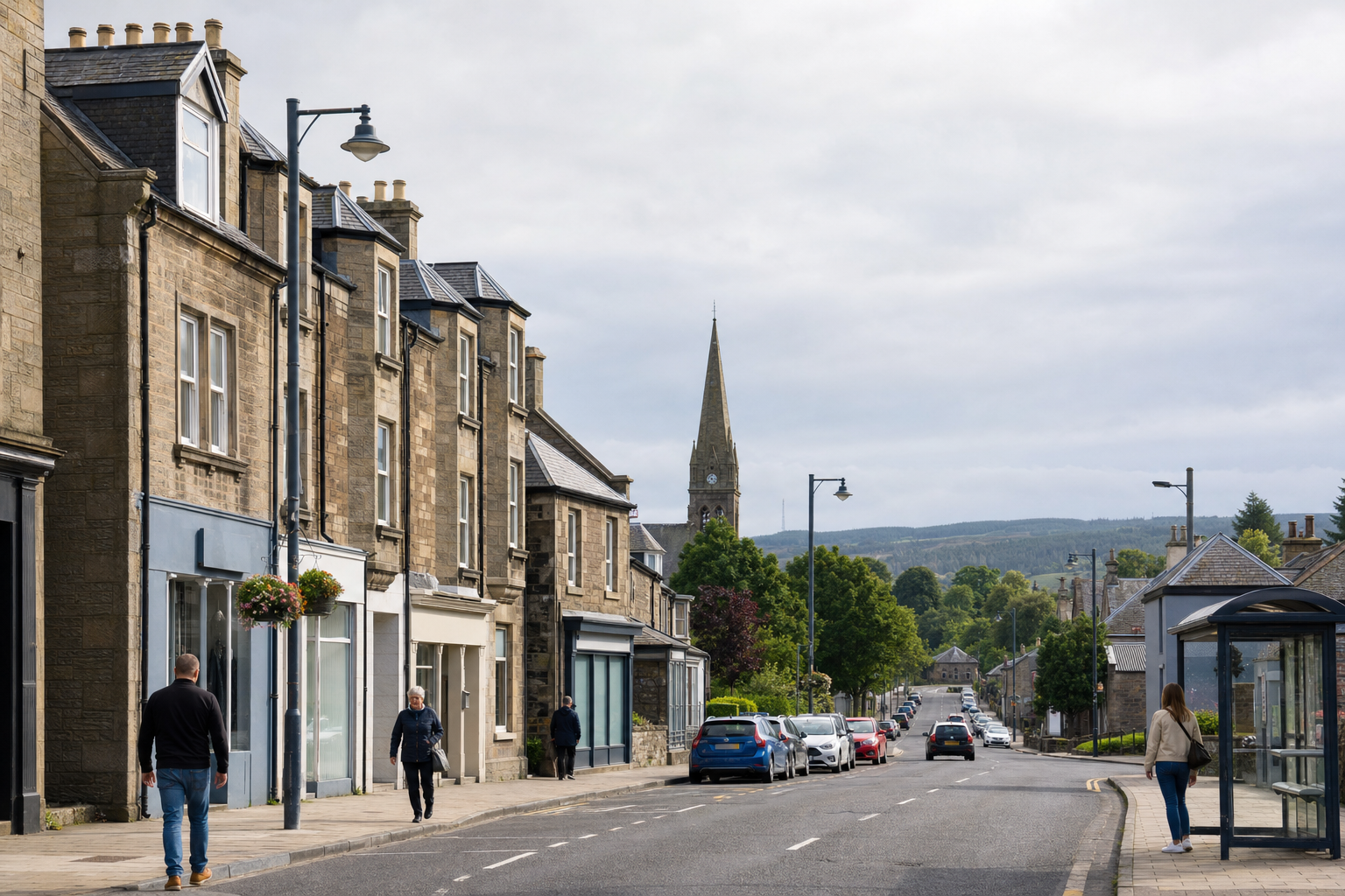 A small town street with stone buildings, parked cars, pedestrians, and a church steeple in the background.