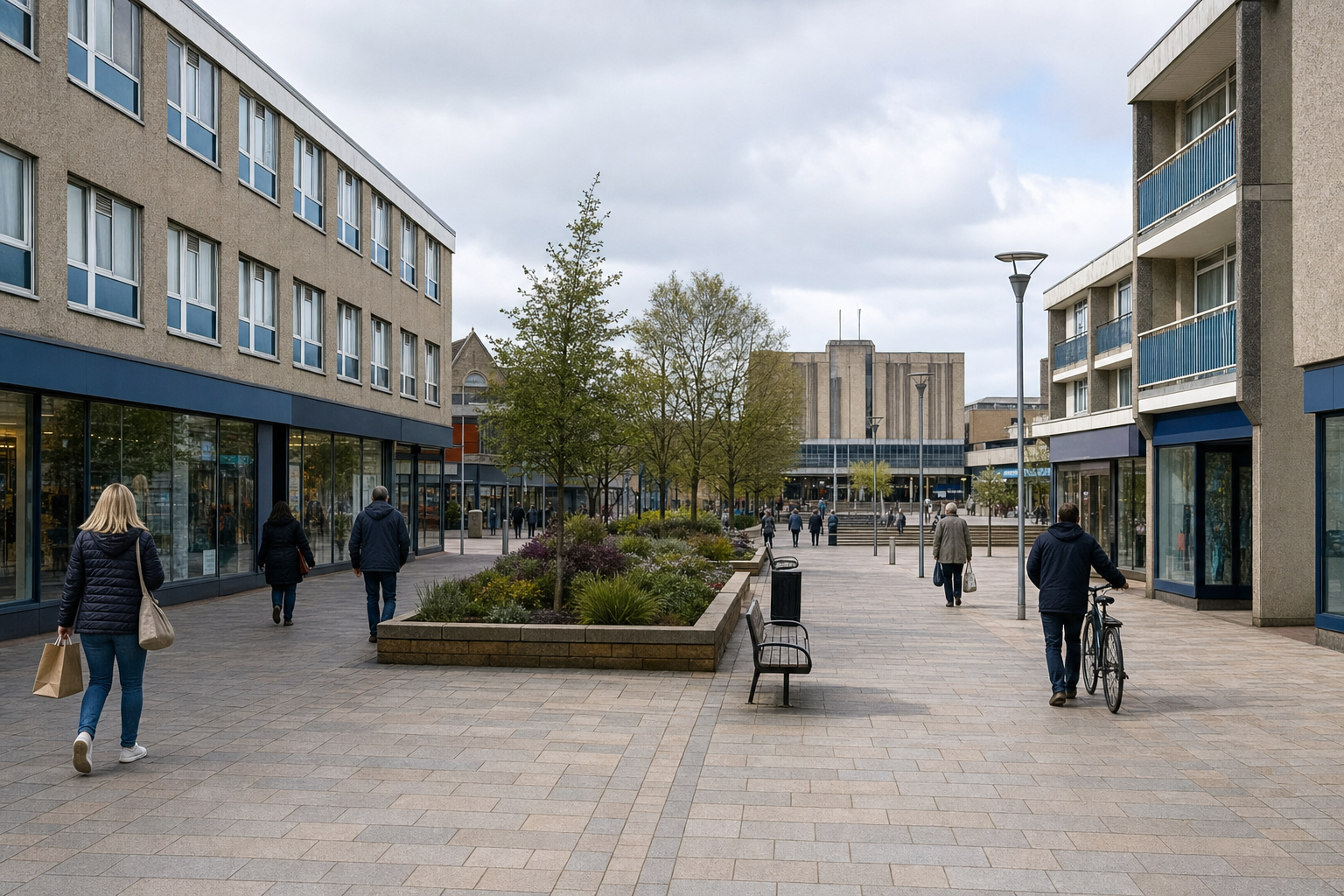 Pedestrianised street with modern buildings and people walking near planted trees and benches on a cloudy day.